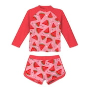 Fesfesfes Clearance Girls Rash Guard Swimsuit Cute Watermelon Print 2 Pieces Long Sleeve Bathing Suits with Shorts Swimwear for Teens 2-11Years(Red,4 Years)